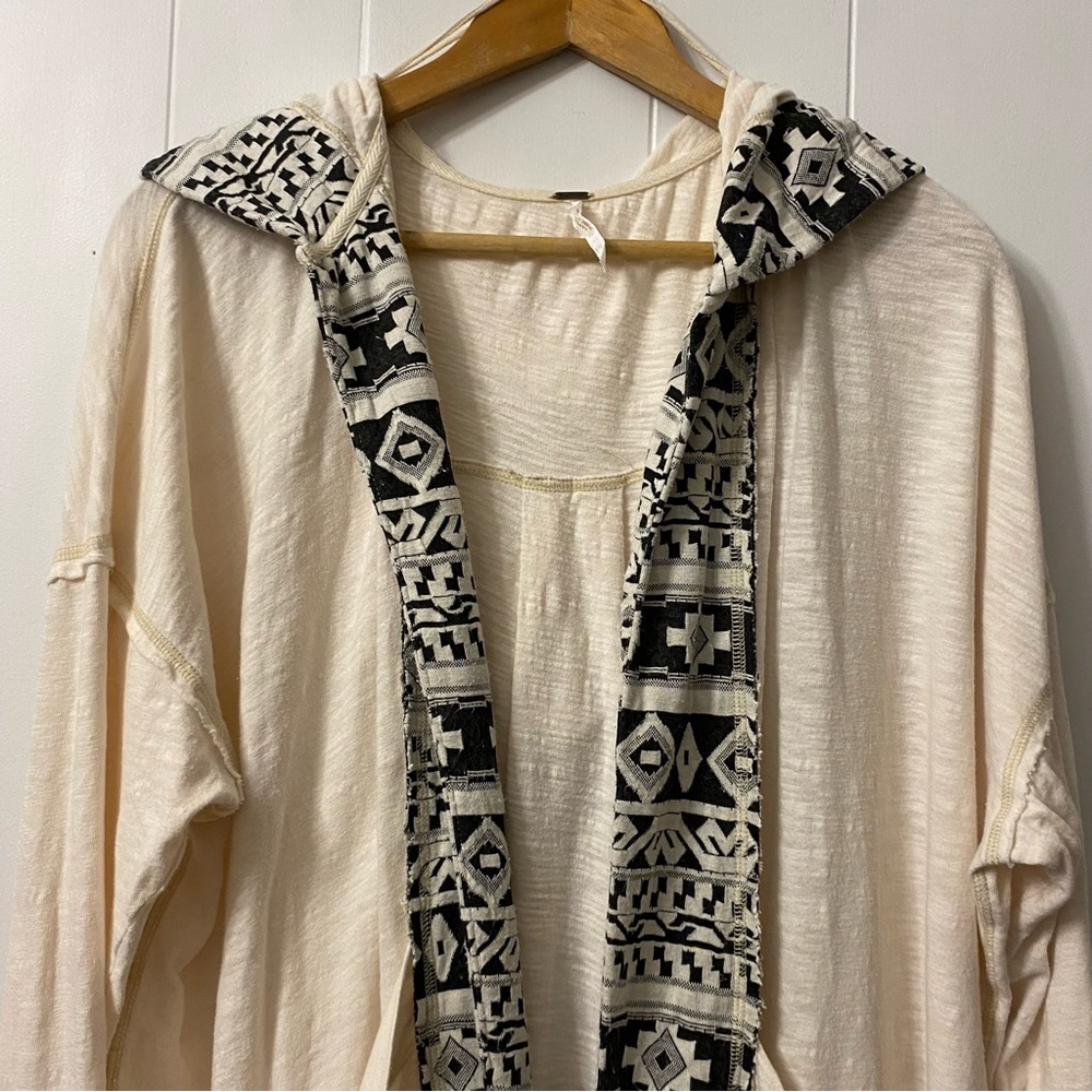 Free People Long Hood Aztec Trim Cardigan Hooded Pockets White Black Cre…